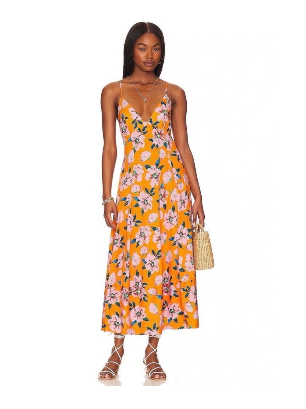 Free People Finer Things Sunshine Yellow Floral Maxi Midi Dress Large